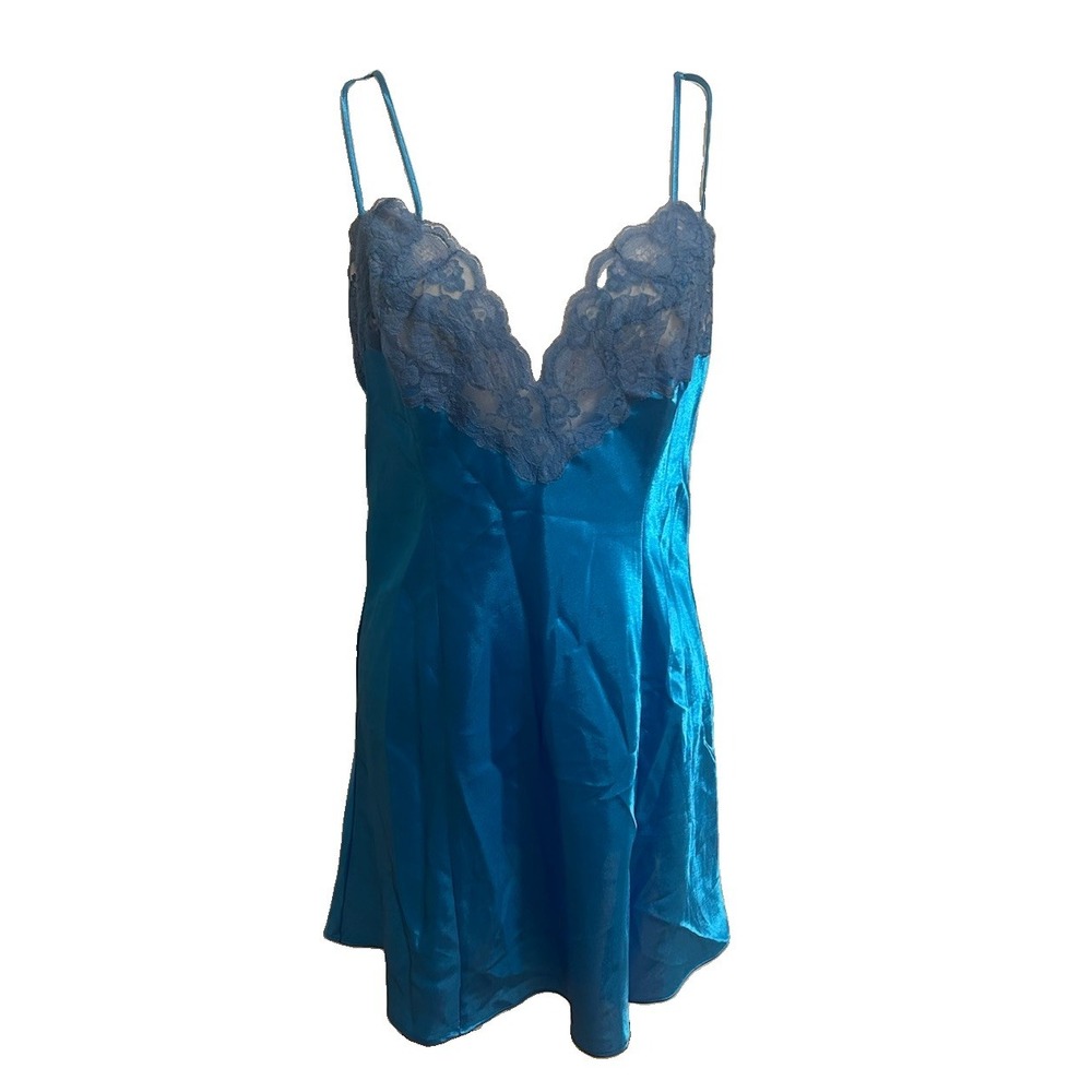 Victoria's Secret Y2K Teal Blue Satin Lace Trim Slip Dress Medium fairy Sexy